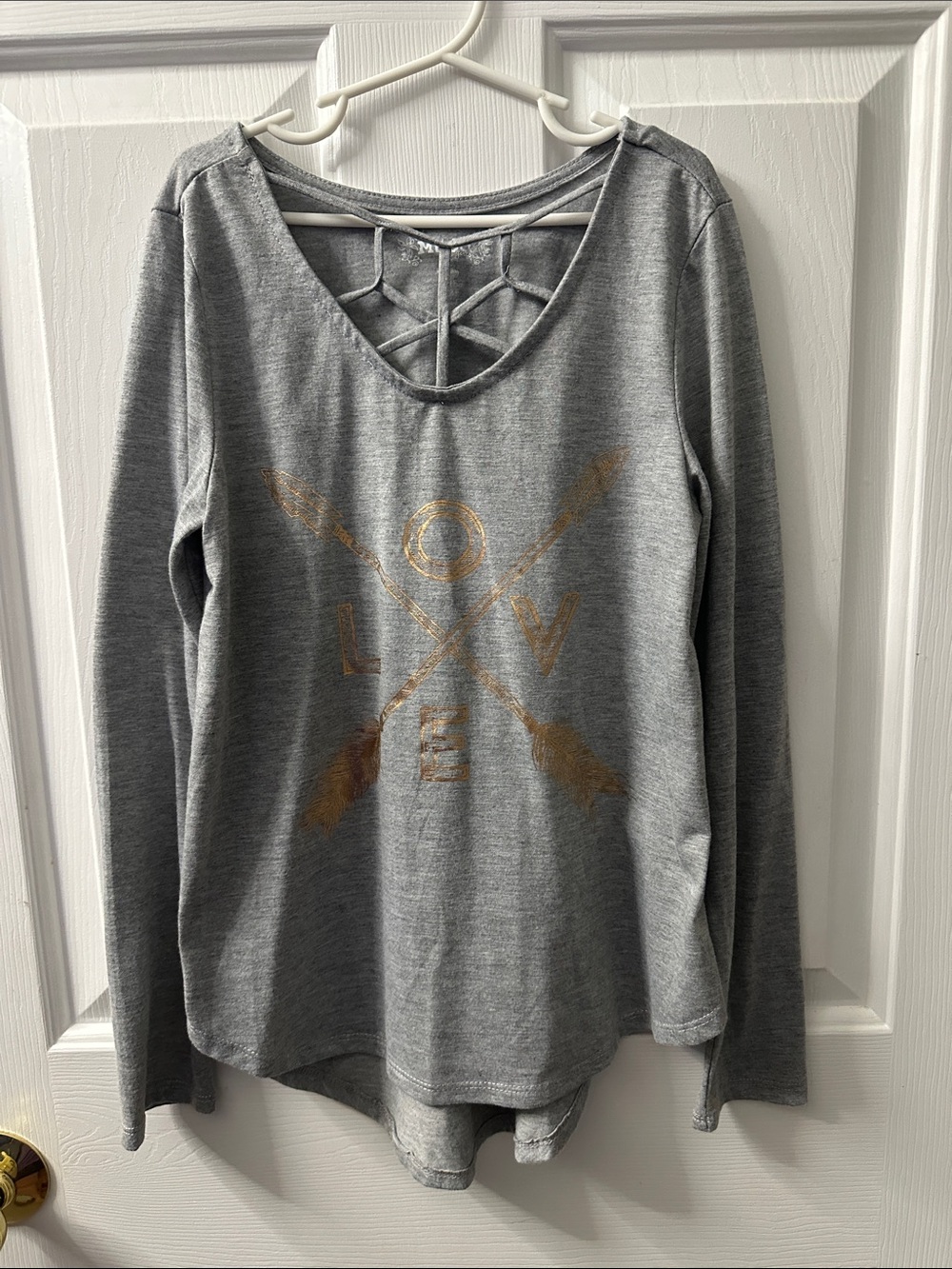 Girls Crisscross Back Gray Long-Sleeve Top with Gold LOVE Graphic